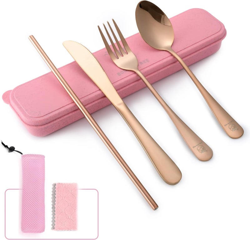Boulder Bee Travel Utensils | Reusable Camping Cutlery | Stainless Steel Flatware | Portable Silverware Set with Case | Includes Knife/Fork/Spoon/Straw/Cleaning Cloth (Rose Gold) - Image 1